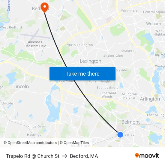 Trapelo Rd @ Church St to Bedford, MA map