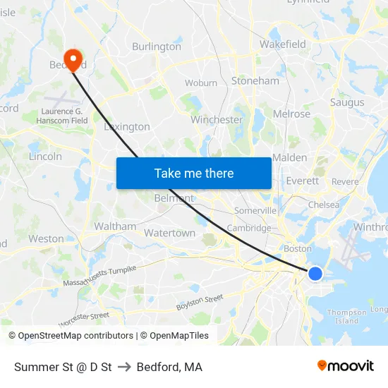 Summer St @ D St to Bedford, MA map