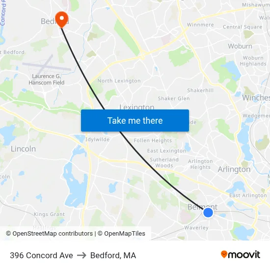 396 Concord Ave to Bedford, MA map