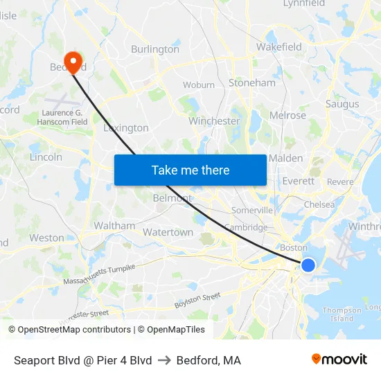 Seaport Blvd @ Pier 4 Blvd to Bedford, MA map