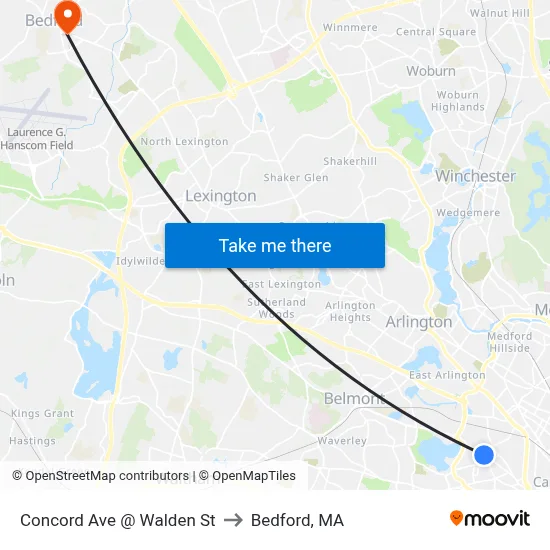 Concord Ave @ Walden St to Bedford, MA map