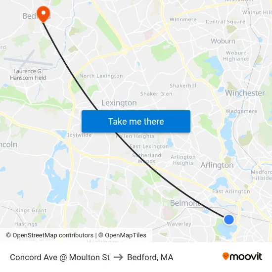 Concord Ave @ Moulton St to Bedford, MA map