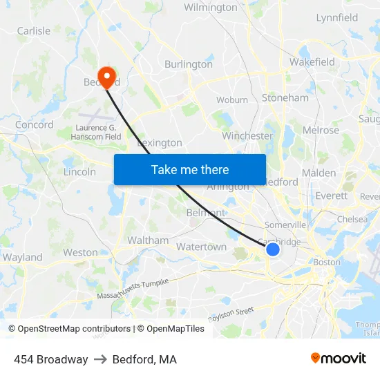 454 Broadway to Bedford, MA map