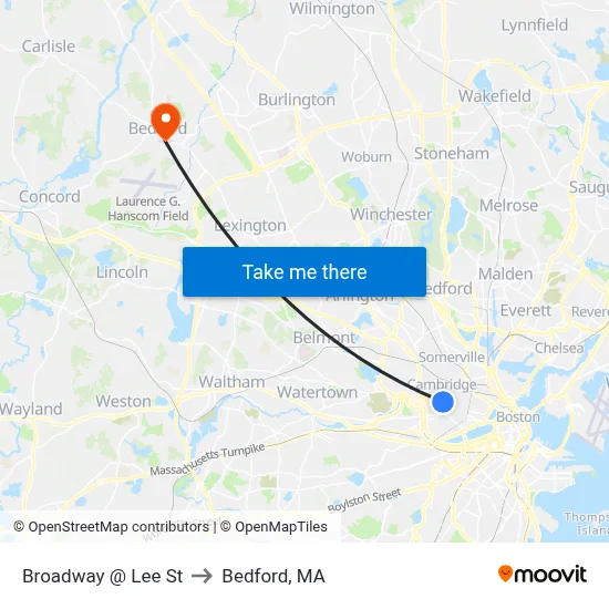 Broadway @ Lee St to Bedford, MA map
