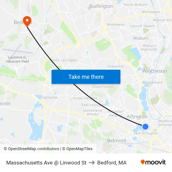 Massachusetts Ave @ Linwood St to Bedford, MA map