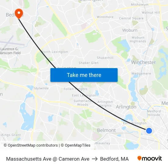 Massachusetts Ave @ Cameron Ave to Bedford, MA map