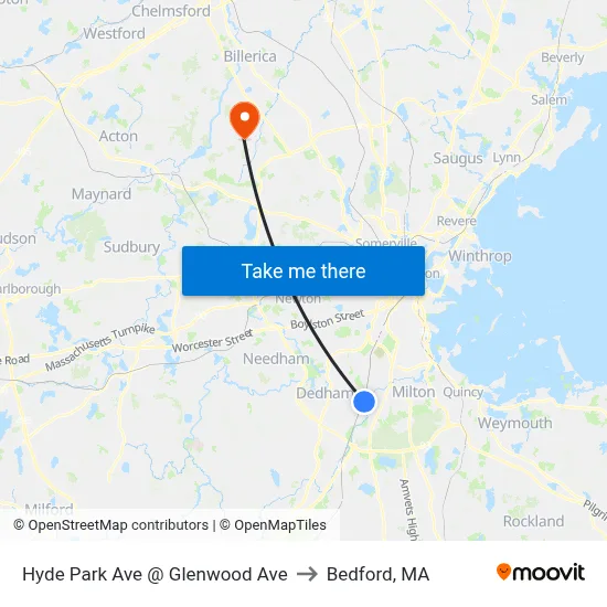 Hyde Park Ave @ Glenwood Ave to Bedford, MA map