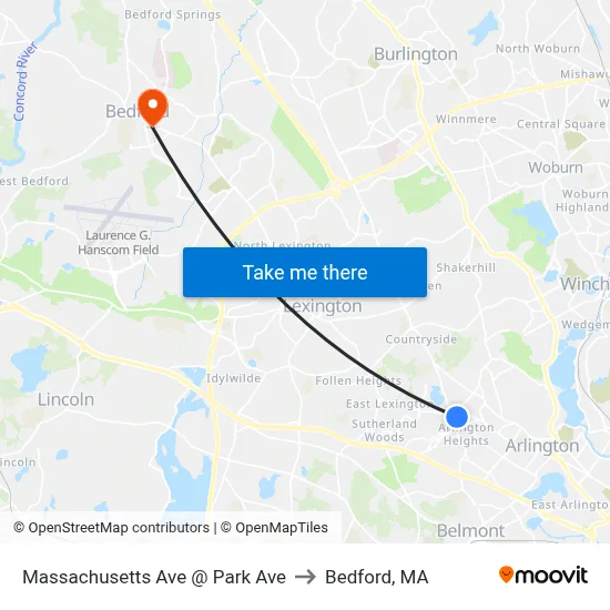 Massachusetts Ave @ Park Ave to Bedford, MA map