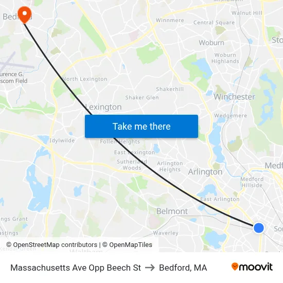 Massachusetts Ave Opp Beech St to Bedford, MA map