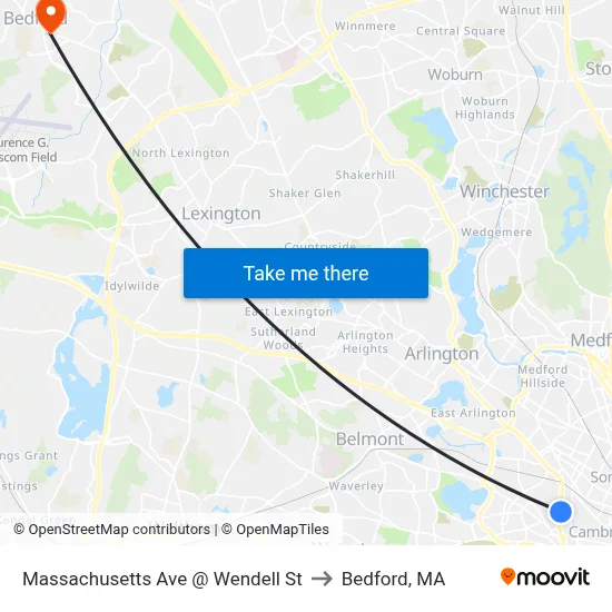Massachusetts Ave @ Wendell St to Bedford, MA map