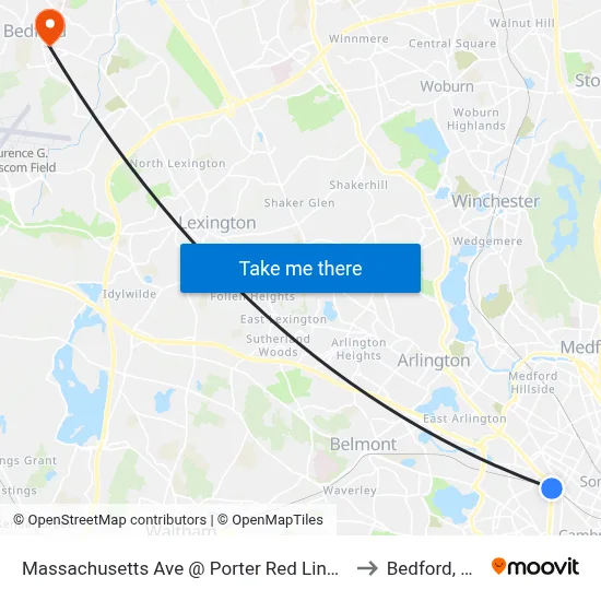Massachusetts Ave @ Porter Red Line Sta to Bedford, MA map