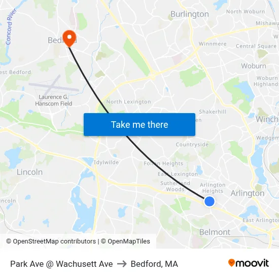 Park Ave @ Wachusett Ave to Bedford, MA map