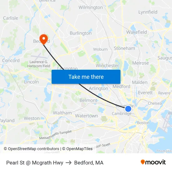 Pearl St @ Mcgrath Hwy to Bedford, MA map