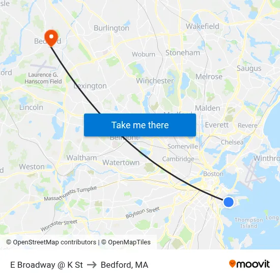 E Broadway @ K St to Bedford, MA map