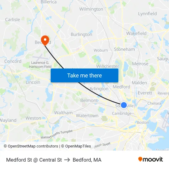 Medford St @ Central St to Bedford, MA map