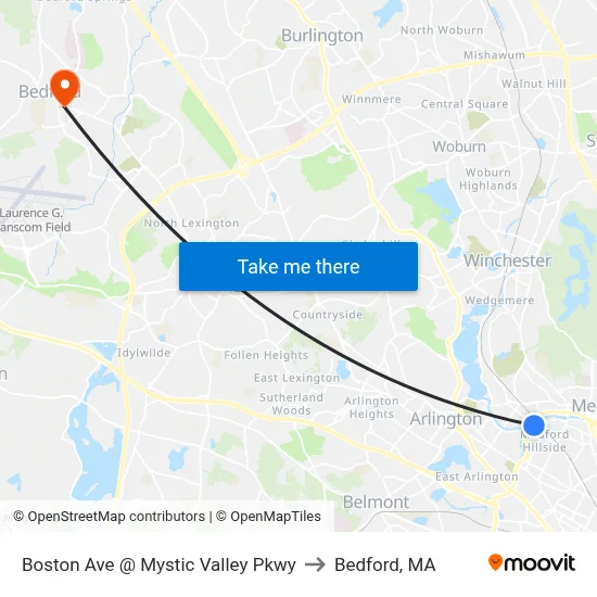 Boston Ave @ Mystic Valley Pkwy to Bedford, MA map