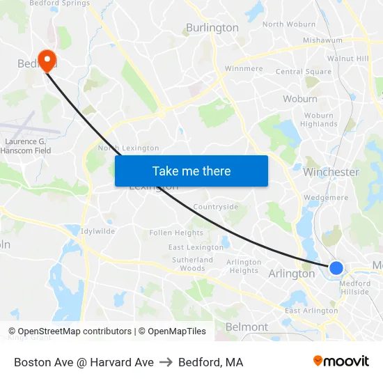Boston Ave @ Harvard Ave to Bedford, MA map