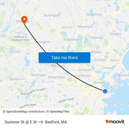 Summer St @ E St to Bedford, MA map