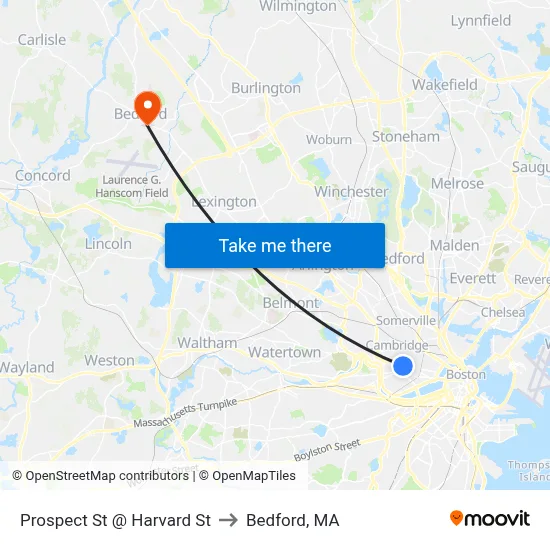 Prospect St @ Harvard St to Bedford, MA map