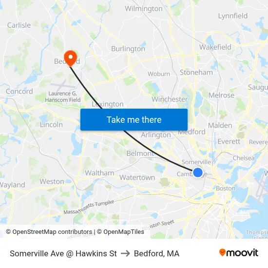 Somerville Ave @ Hawkins St to Bedford, MA map