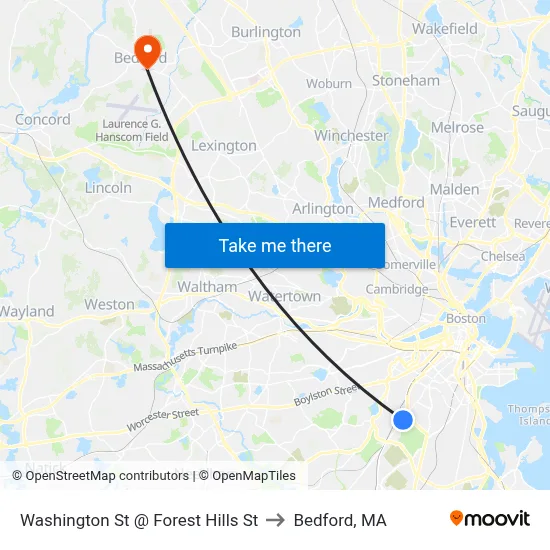 Washington St @ Forest Hills St to Bedford, MA map