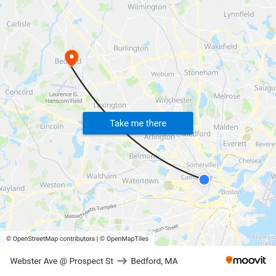 Webster Ave @ Prospect St to Bedford, MA map