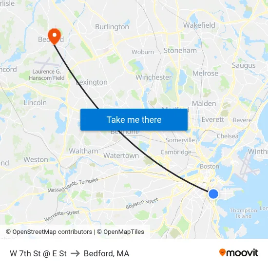 W 7th St @ E St to Bedford, MA map
