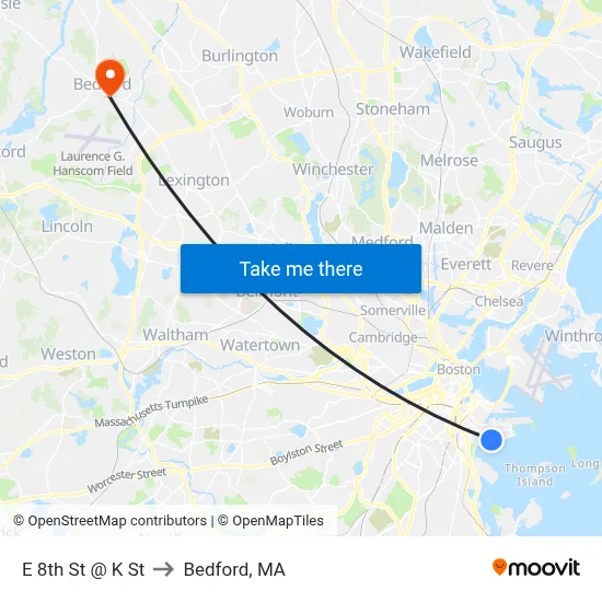E 8th St @ K St to Bedford, MA map
