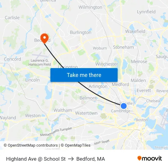 Highland Ave @ School St to Bedford, MA map