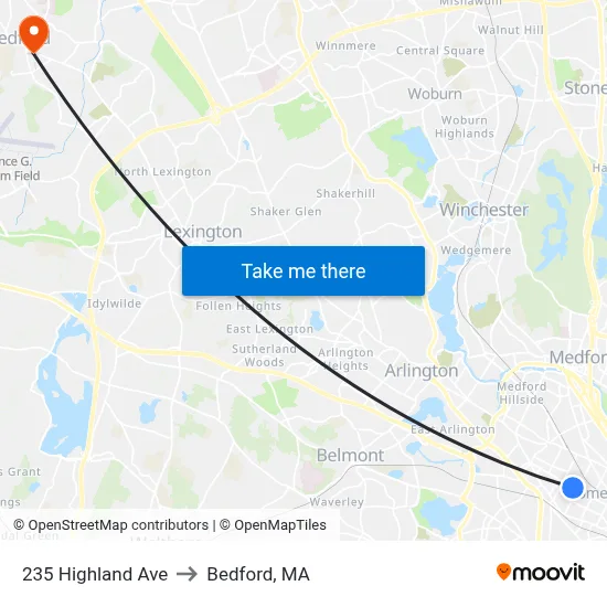 235 Highland Ave to Bedford, MA map