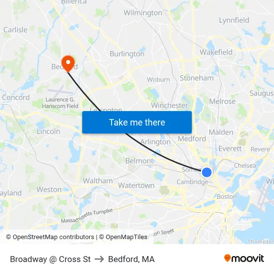Broadway @ Cross St to Bedford, MA map