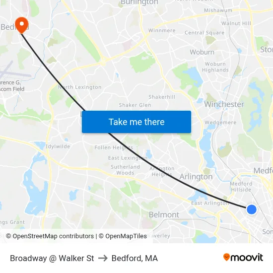 Broadway @ Walker St to Bedford, MA map