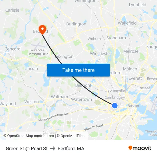 Green St @ Pearl St to Bedford, MA map