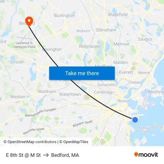 E 8th St @ M St to Bedford, MA map