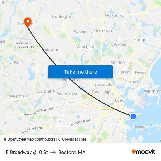 E Broadway @ O St to Bedford, MA map