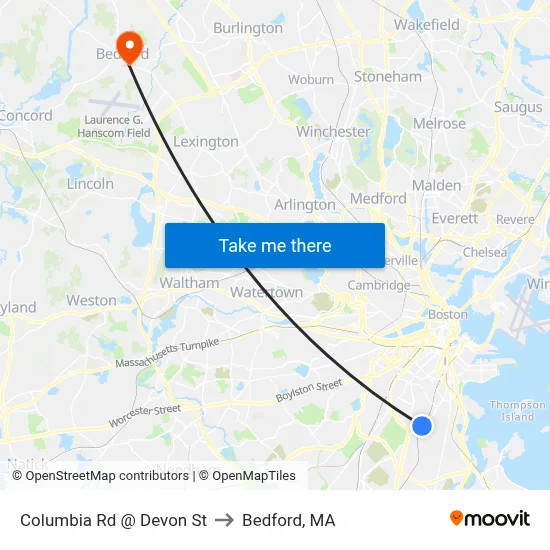 Columbia Rd @ Devon St to Bedford, MA map