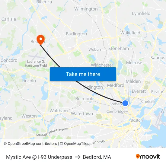 Mystic Ave @ I-93 Underpass to Bedford, MA map
