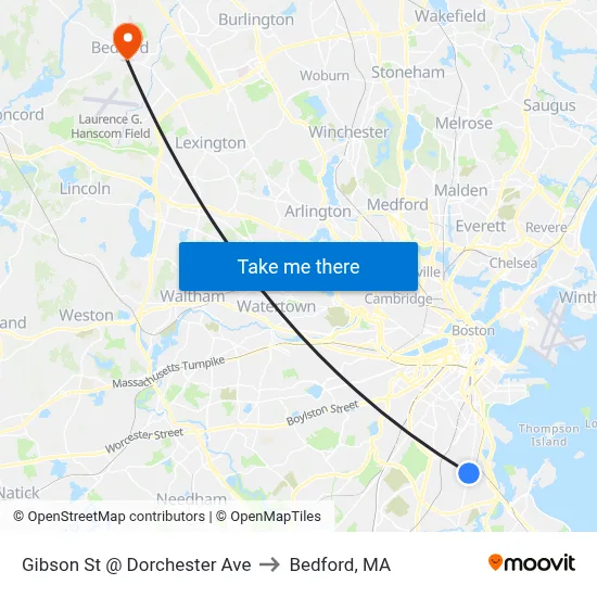 Gibson St @ Dorchester Ave to Bedford, MA map