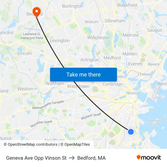 Geneva Ave Opp Vinson St to Bedford, MA map