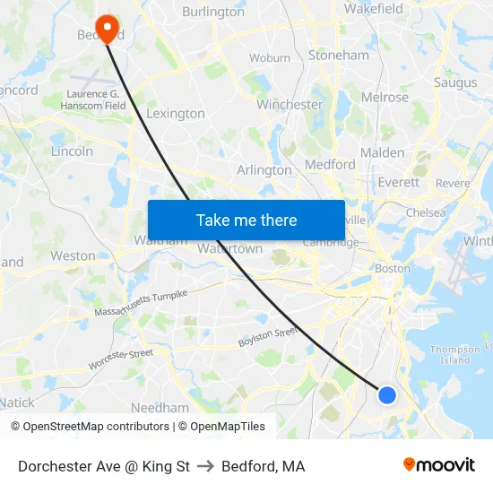 Dorchester Ave @ King St to Bedford, MA map