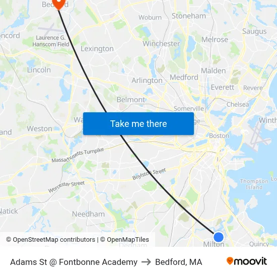 Adams St @ Fontbonne Academy to Bedford, MA map