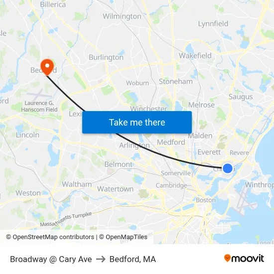 Broadway @ Cary Ave to Bedford, MA map