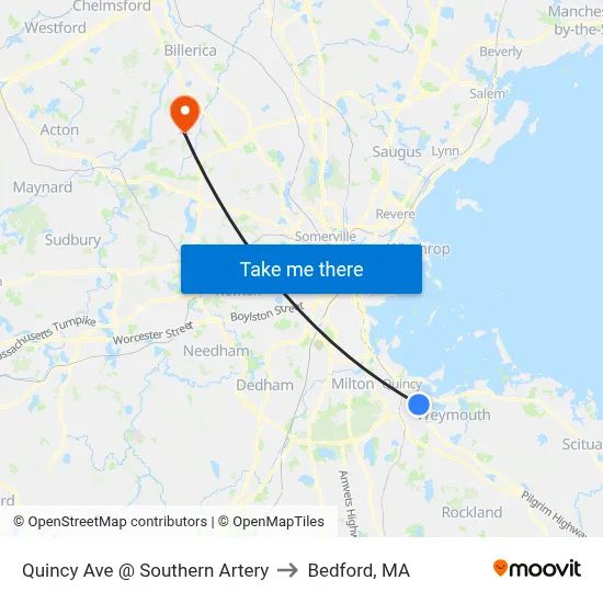 Quincy Ave @ Southern Artery to Bedford, MA map