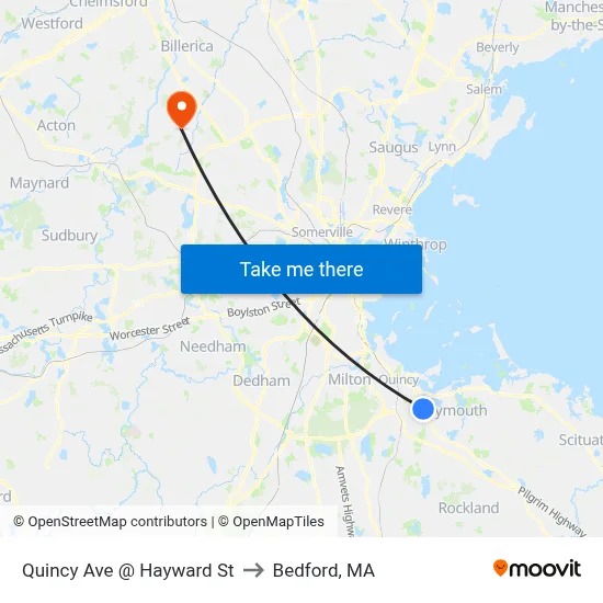 Quincy Ave @ Hayward St to Bedford, MA map