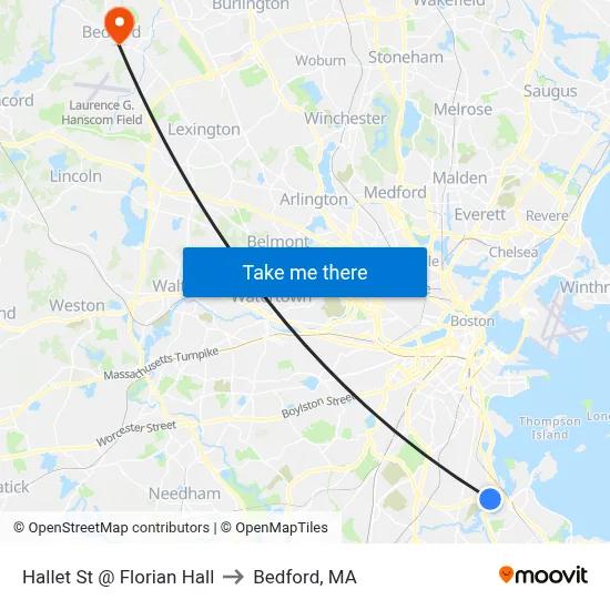 Hallet St @ Florian Hall to Bedford, MA map