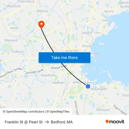 Franklin St @ Pearl St to Bedford, MA map