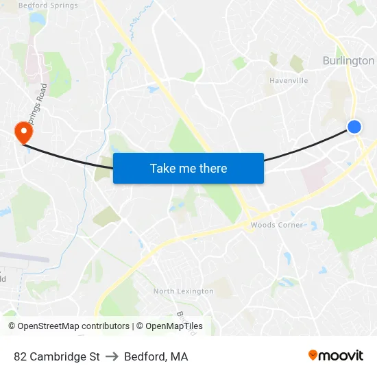 82 Cambridge St to Bedford, MA map