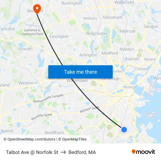 Talbot Ave @ Norfolk St to Bedford, MA map