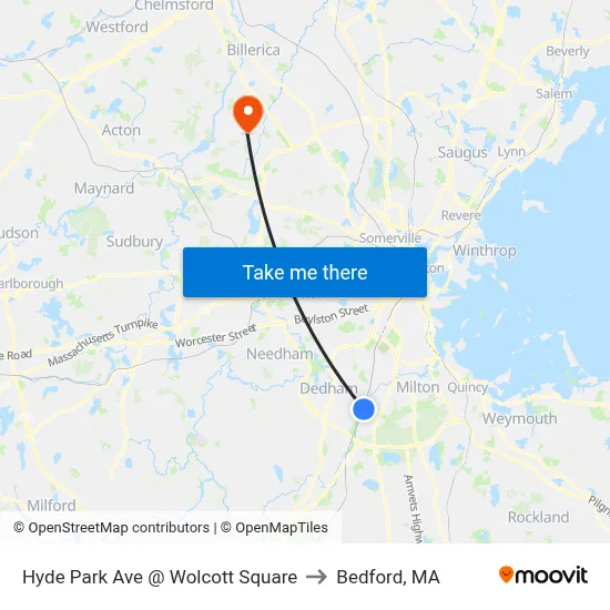Hyde Park Ave @ Wolcott Square to Bedford, MA map
