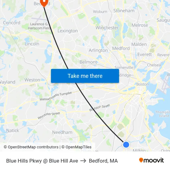Blue Hills Pkwy @ Blue Hill Ave to Bedford, MA map